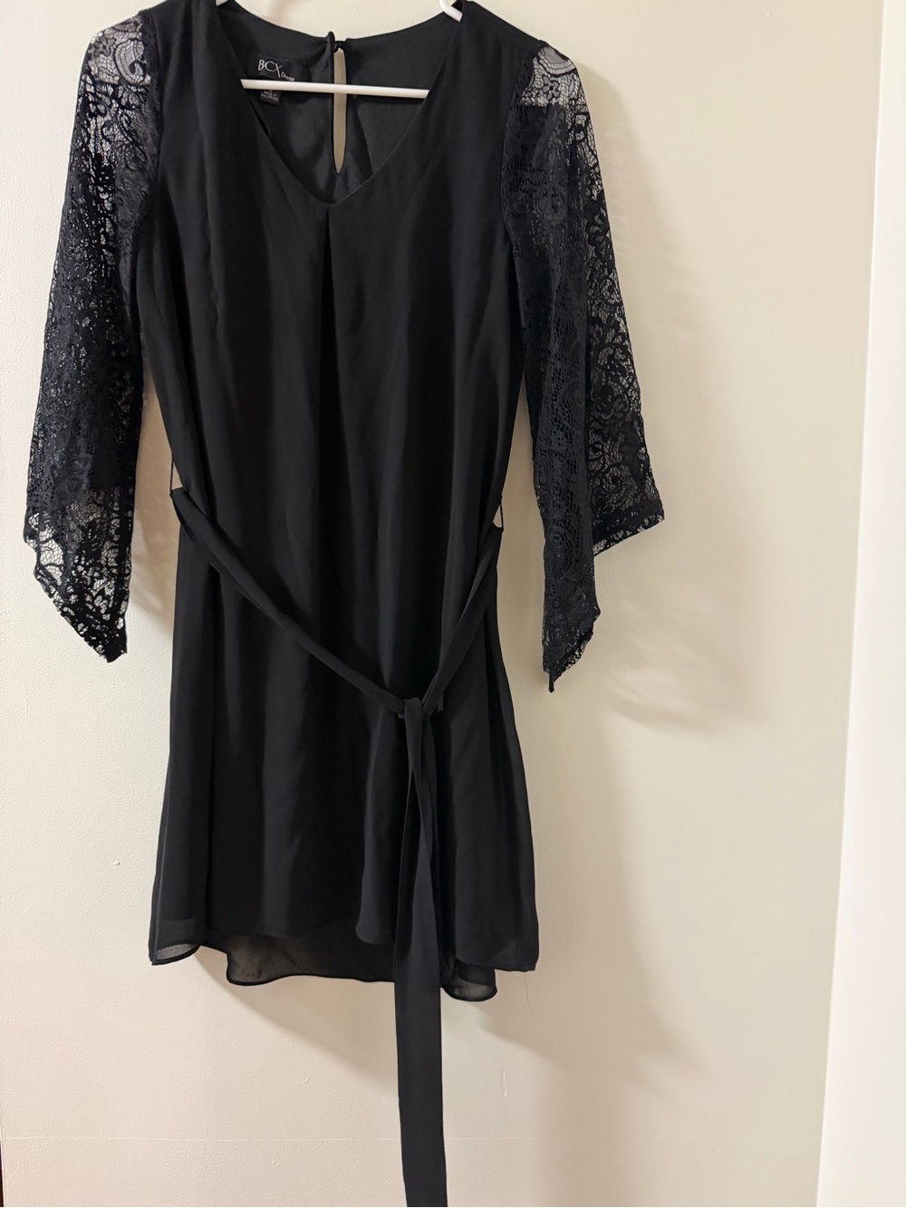 BCX Mini Dress Women S Black Like New Lace Sleeve Tie Waist V-Neck